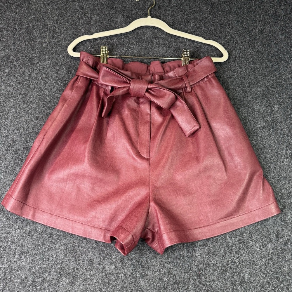 BCBGMAXAZRIA Womens M Burgundy Faux Leather Paperbag Shorts Tie Waist High Rise